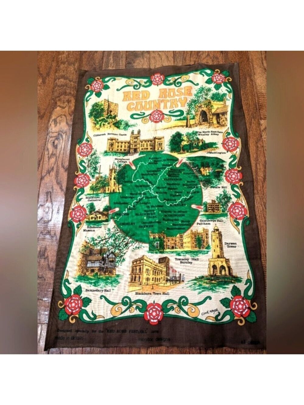 Red Rose Country Vintage  Tea Towel with historic Great Britain architecture